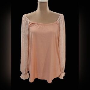 Hailey & Co Pink Lace Eyelet Womans Blouse Balloon Sleeve 1x Cottagecore Ruffle